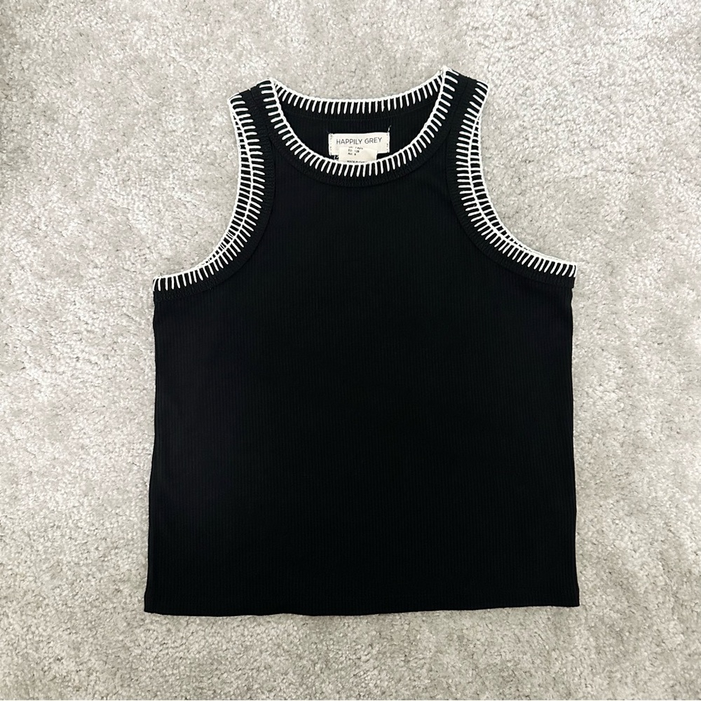 Happily Grey Kids Black Ribbed Tank with Contrasting White Whipstitch Stitching